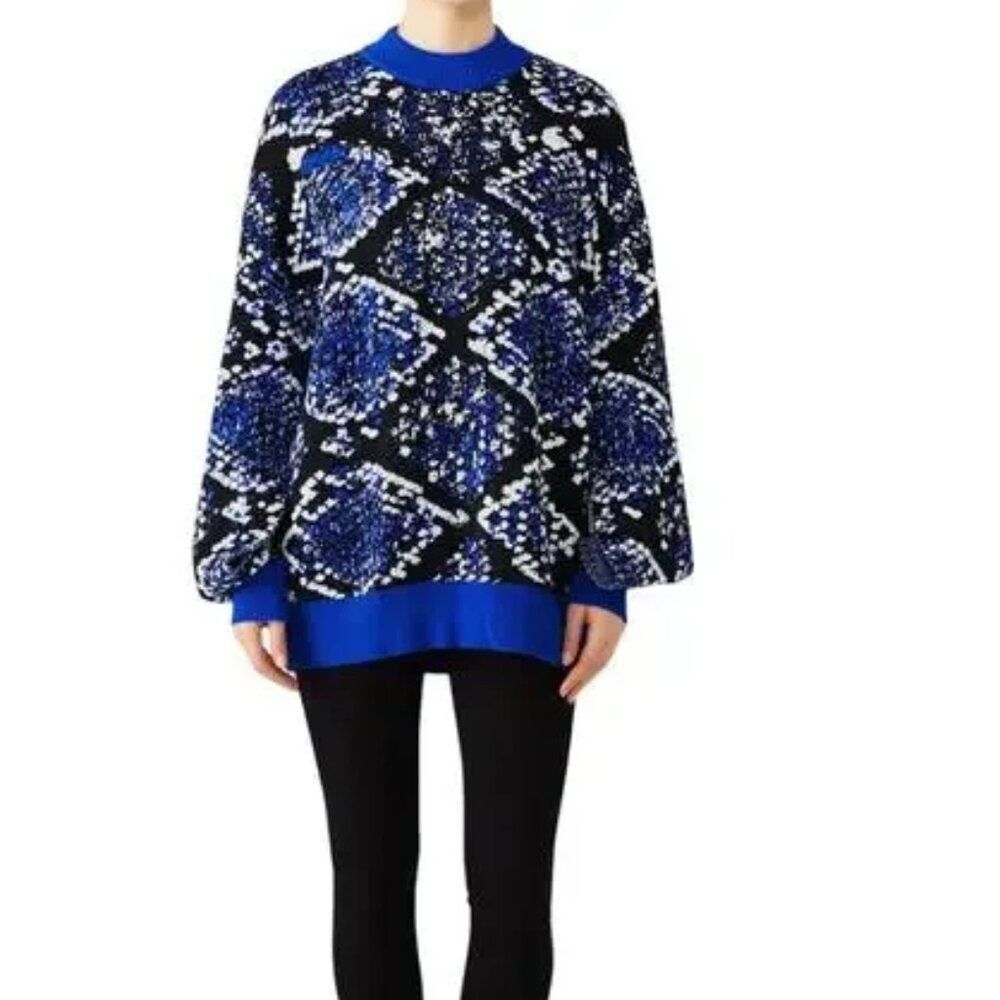 MSGM Sweater $285 Oversized luxe Bold Python Blue Black graphic wool knit cozy L